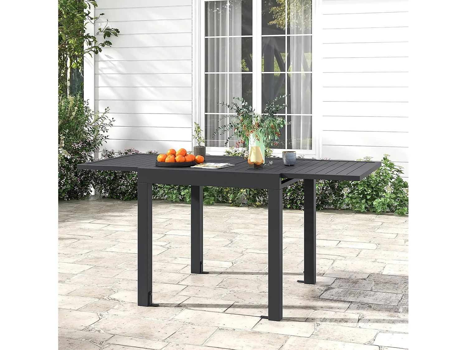 Table de Jardin Extensible en Aluminium Ajustable de 80 à 160 CM, Table à Manger Extérieure Plateau à Lattes pour 4-6 Personnes (Gris Foncé)