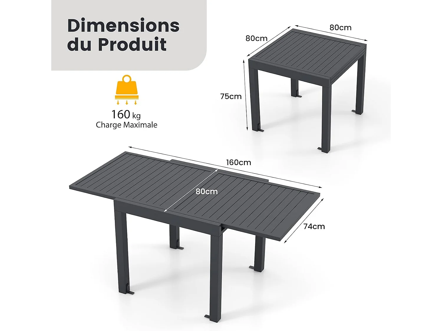 Table de Jardin Extensible en Aluminium Ajustable de 80 à 160 CM, Table à Manger Extérieure Plateau à Lattes pour 4-6 Personnes (Gris Foncé)