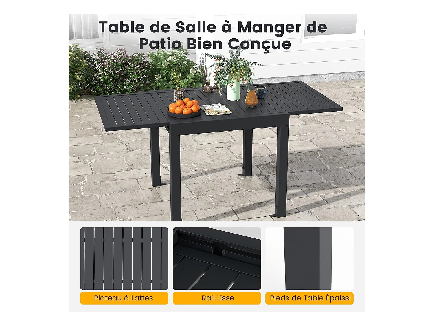Table de Jardin Extensible en Aluminium Ajustable de 80 à 160 CM, Table à Manger Extérieure Plateau à Lattes pour 4-6 Personnes (Gris Foncé)
