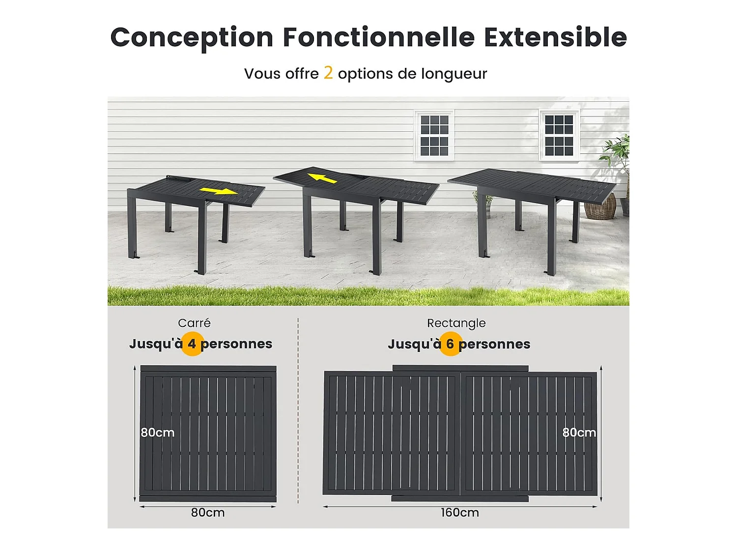 Table de Jardin Extensible en Aluminium Ajustable de 80 à 160 CM, Table à Manger Extérieure Plateau à Lattes pour 4-6 Personnes (Gris Foncé)