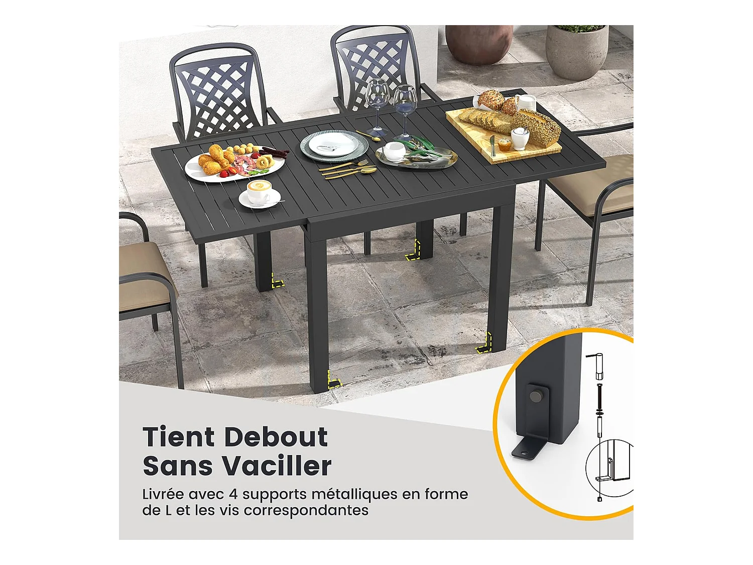 Table de Jardin Extensible en Aluminium Ajustable de 80 à 160 CM, Table à Manger Extérieure Plateau à Lattes pour 4-6 Personnes (Gris Foncé)
