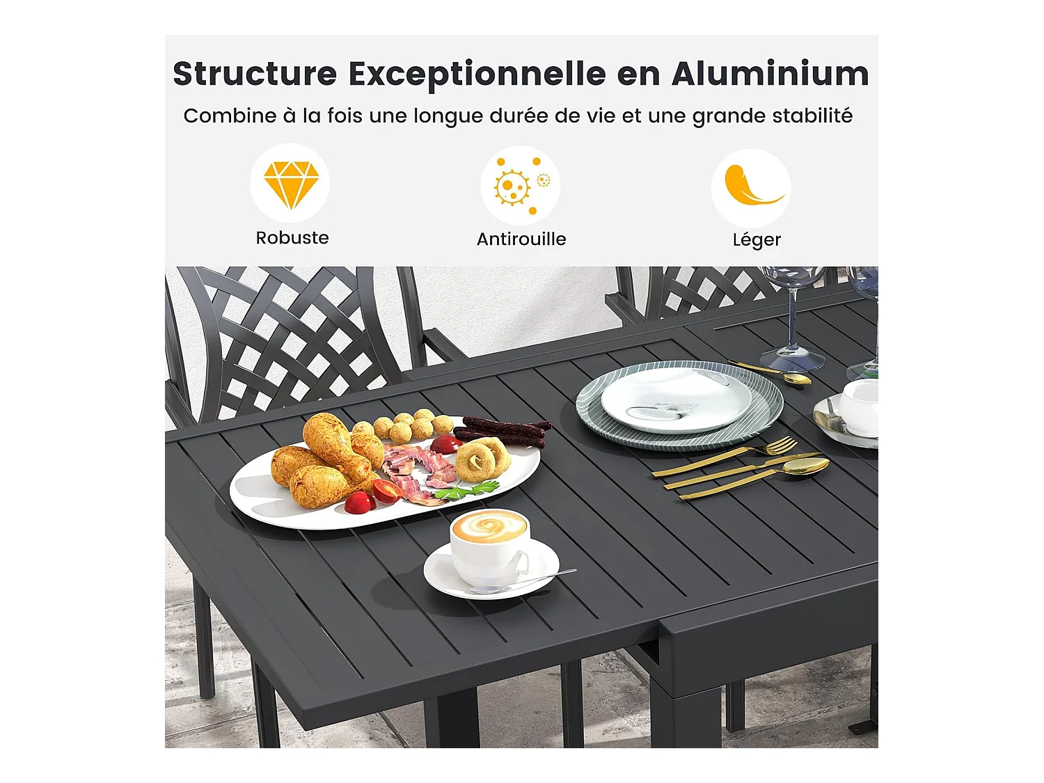 Table de Jardin Extensible en Aluminium Ajustable de 80 à 160 CM, Table à Manger Extérieure Plateau à Lattes pour 4-6 Personnes (Gris Foncé)