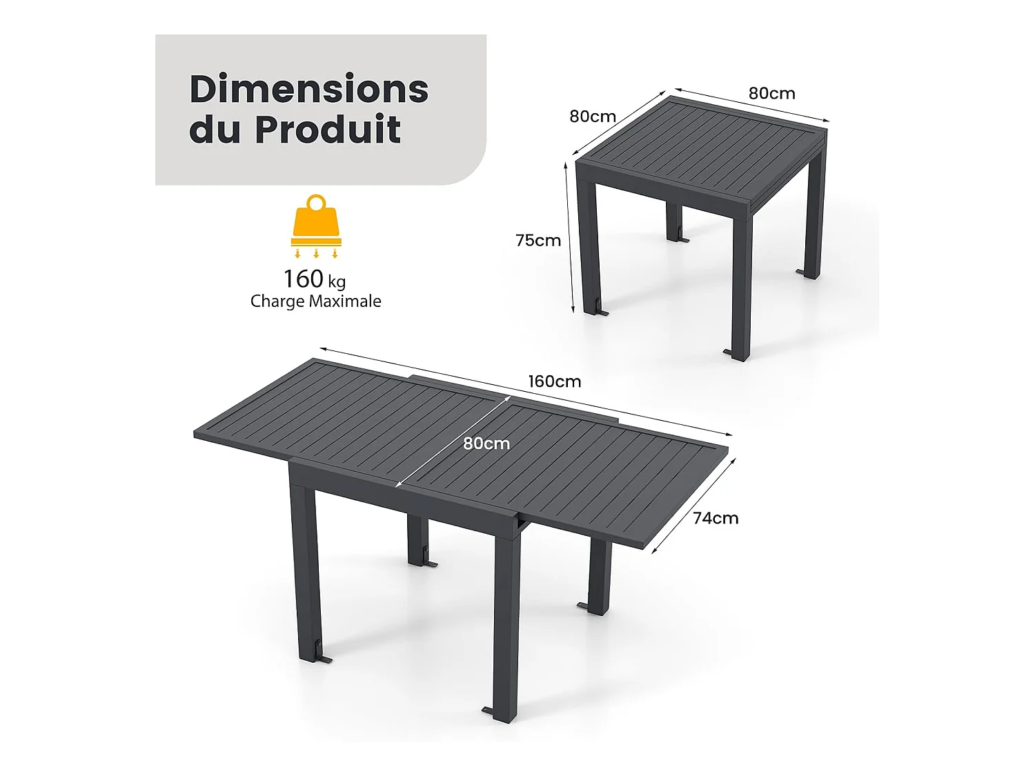 Table de Jardin Extensible en Aluminium Ajustable de 80 à 160 CM, Table à Manger Extérieure Plateau à Lattes pour 4-6 Personnes (Gris Foncé)