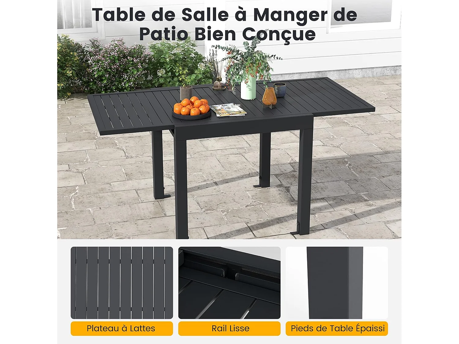 Table de Jardin Extensible en Aluminium Ajustable de 80 à 160 CM, Table à Manger Extérieure Plateau à Lattes pour 4-6 Personnes (Gris Foncé)