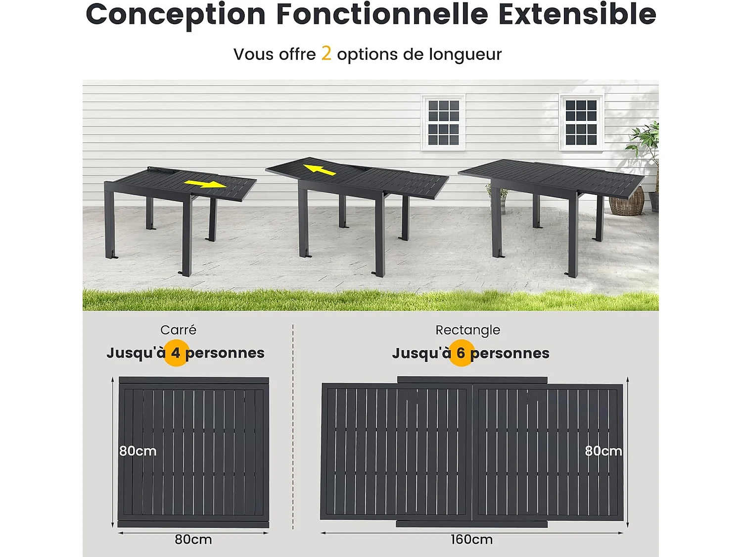 Table de Jardin Extensible en Aluminium Ajustable de 80 à 160 CM, Table à Manger Extérieure Plateau à Lattes pour 4-6 Personnes (Gris Foncé)