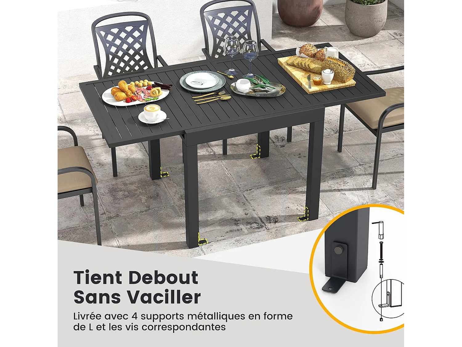 Table de Jardin Extensible en Aluminium Ajustable de 80 à 160 CM, Table à Manger Extérieure Plateau à Lattes pour 4-6 Personnes (Gris Foncé)