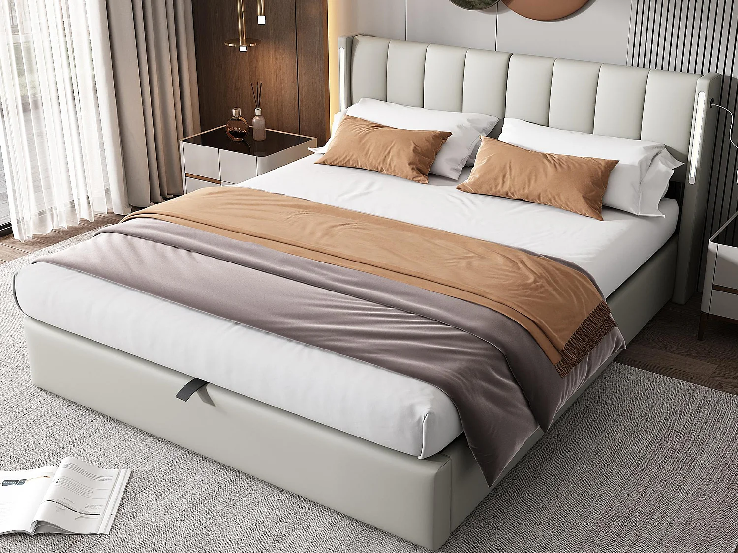 Lit coffre capitonné 140 x 190 cm - avec port USB pour recharge - avec éclairage LED - tête de lit réglable - PU - gris (matelas non inclus)