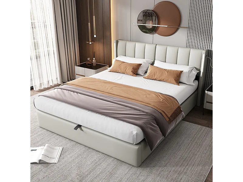 Lit coffre capitonné 140 x 190 cm - avec port USB pour recharge - avec éclairage LED - tête de lit réglable - PU - gris (matelas non inclus)