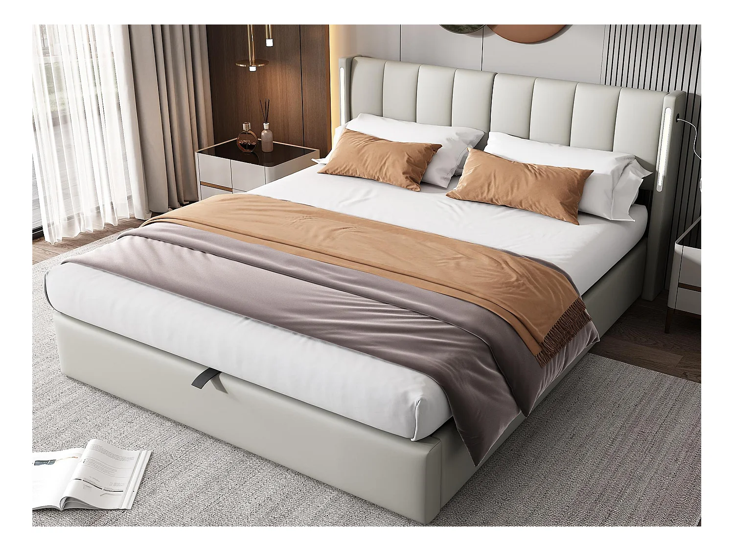 Lit coffre capitonné 140 x 190 cm - avec port USB pour recharge - avec éclairage LED - tête de lit réglable - PU - gris (matelas non inclus)