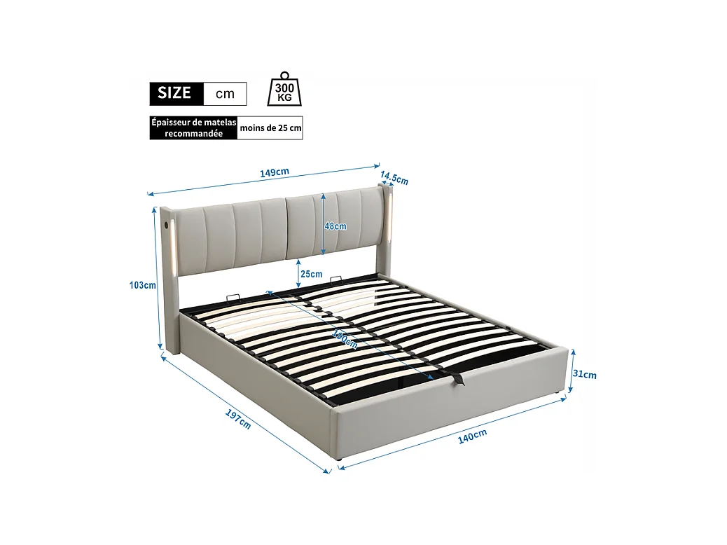 Lit coffre capitonné 140 x 190 cm - avec port USB pour recharge - avec éclairage LED - tête de lit réglable - PU - gris (matelas non inclus)