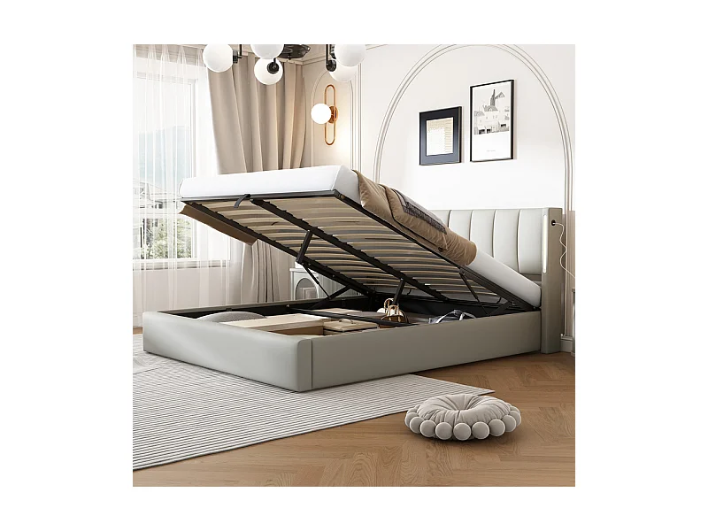 Lit coffre capitonné 140 x 190 cm - avec port USB pour recharge - avec éclairage LED - tête de lit réglable - PU - gris (matelas non inclus)