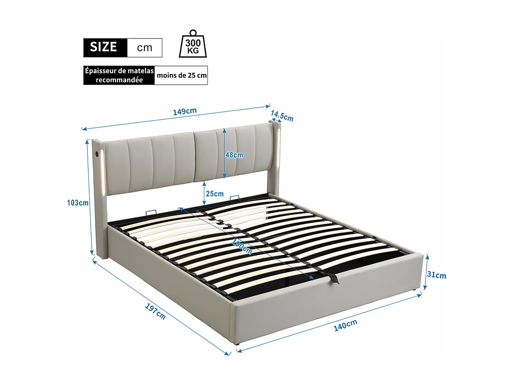 Cama acolchada 140 x 190 cm - con puerto USB para carga - con iluminación LED - cabecera ajustable - poliuretano - gris (colchón no incluido)