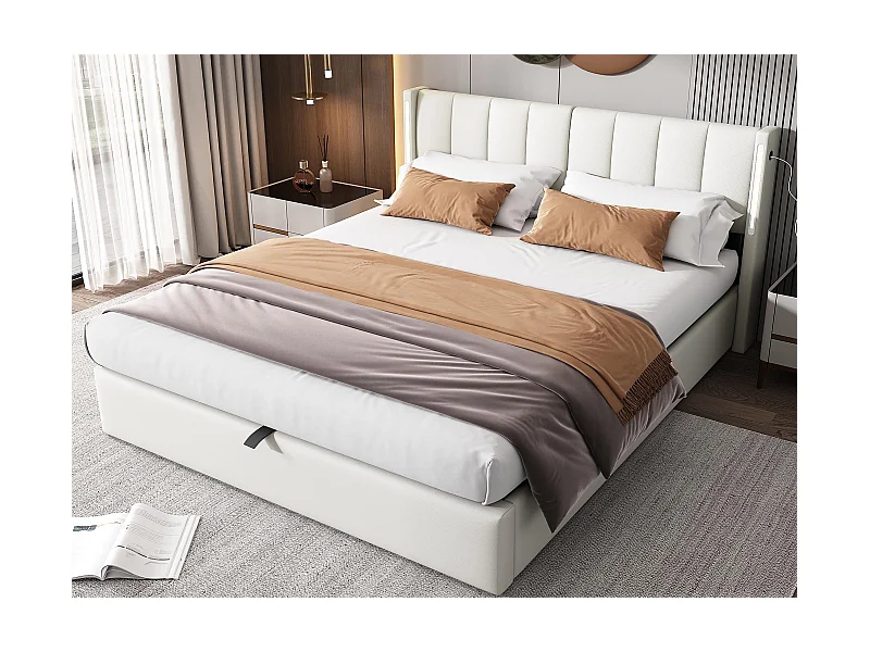 Polsterbett 140 x 190 cm - mit USB-Port zur Aufladung - mit LED-Beleuchtung - verstellbare Kopfteil - PU - weiß (Matratze nicht enthalten)