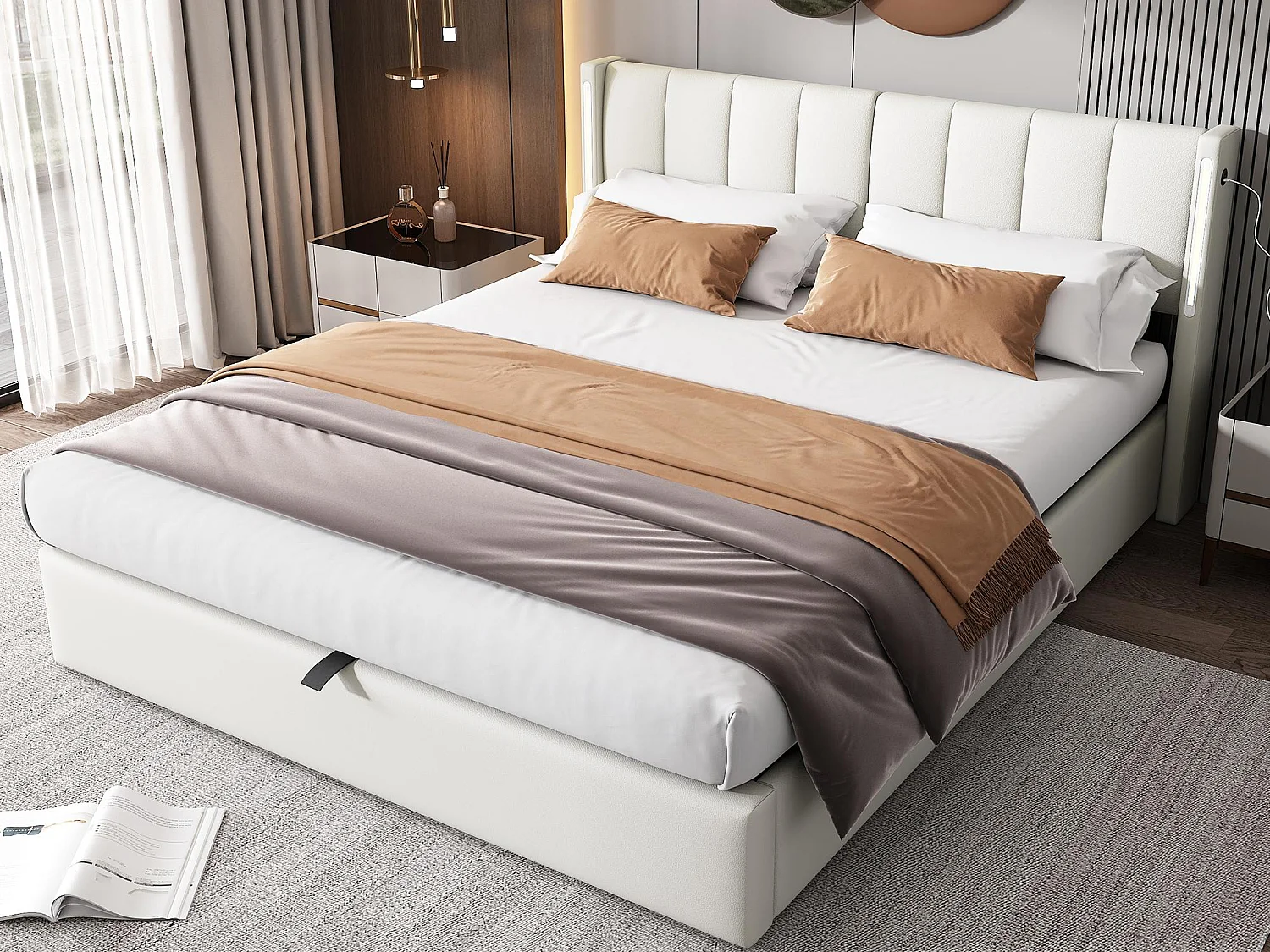 Polsterbett 140 x 190 cm - mit USB-Port zur Aufladung - mit LED-Beleuchtung - verstellbare Kopfteil - PU - weiß (Matratze nicht enthalten)