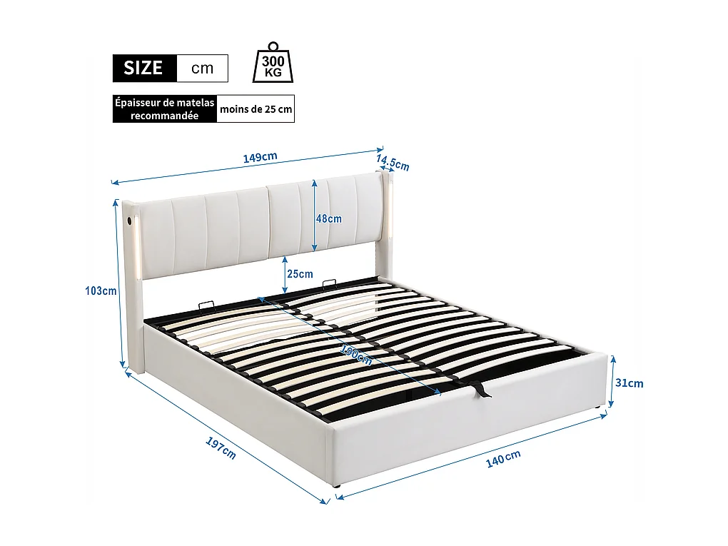 Lit coffre capitonné 140 x 190 cm - avec port USB pour recharge - avec éclairage LED - tête de lit réglable - PU - blanc (matelas non inclus)