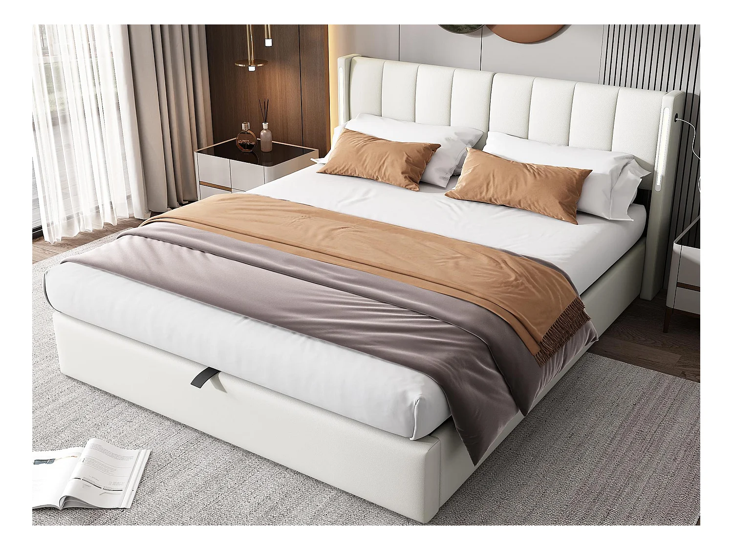Lit coffre capitonné 140 x 190 cm - avec port USB pour recharge - avec éclairage LED - tête de lit réglable - PU - blanc (matelas non inclus)