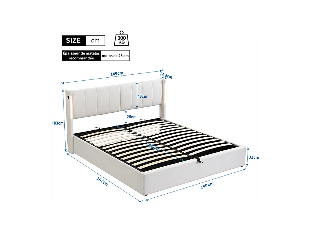 Lit coffre capitonné 140 x 190 cm - avec port USB pour recharge - avec éclairage LED - tête de lit réglable - PU - blanc (matelas non inclus)