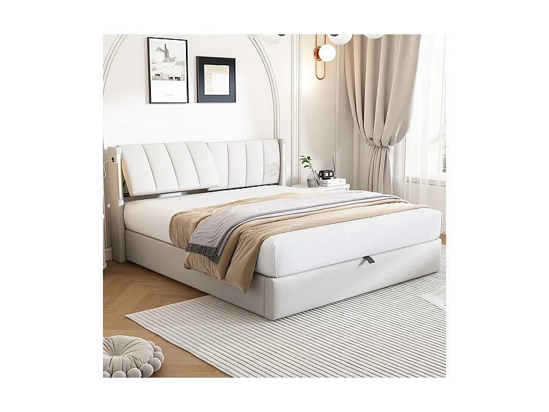 Lit coffre capitonné 140 x 190 cm - avec port USB pour recharge - avec éclairage LED - tête de lit réglable - PU - blanc (matelas non inclus)