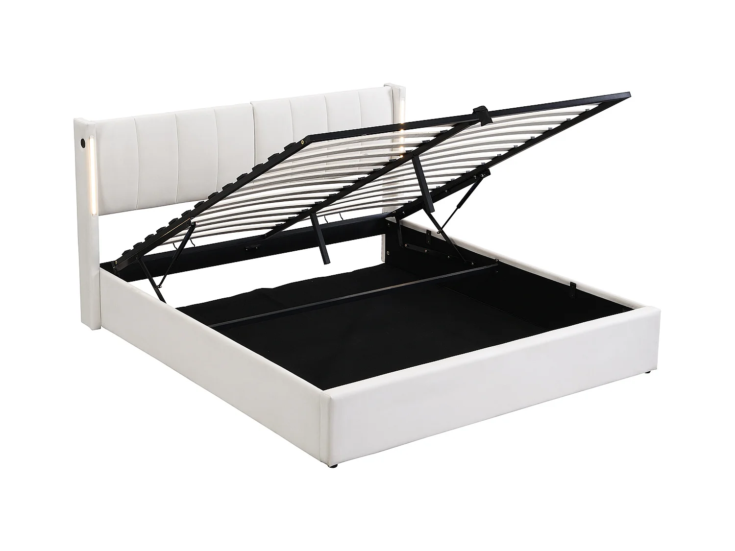 Lit coffre capitonné 140 x 190 cm - avec port USB pour recharge - avec éclairage LED - tête de lit réglable - PU - blanc (matelas non inclus)