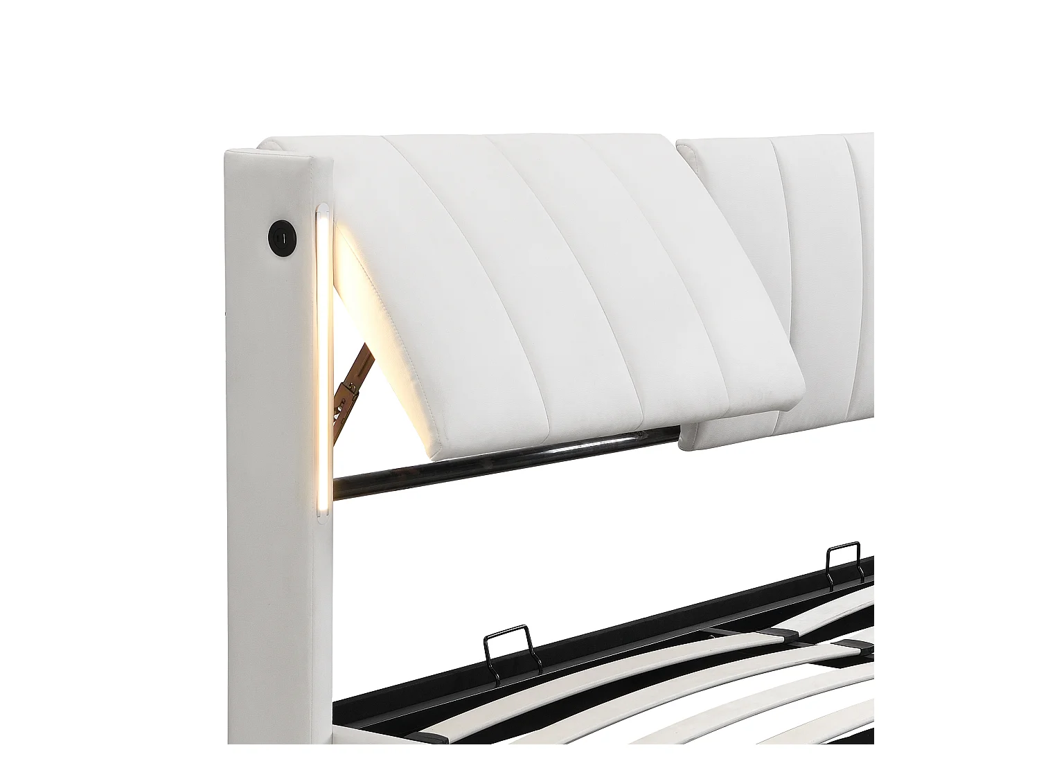 Lit coffre capitonné 140 x 190 cm - avec port USB pour recharge - avec éclairage LED - tête de lit réglable - PU - blanc (matelas non inclus)