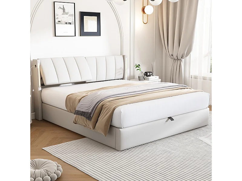 Lit coffre capitonné 140 x 190 cm - avec port USB pour recharge - avec éclairage LED - tête de lit réglable - PU - blanc (matelas non inclus)