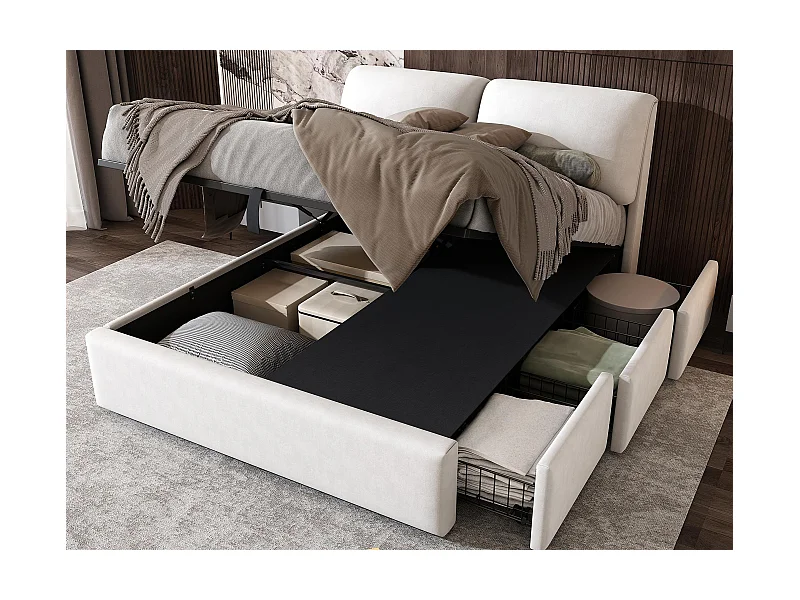 Polsterbett 140x190 cm - mit drei Schubladen - Bettgestell mit Lattenrost - Samt - beige (Matratze nicht enthalten)