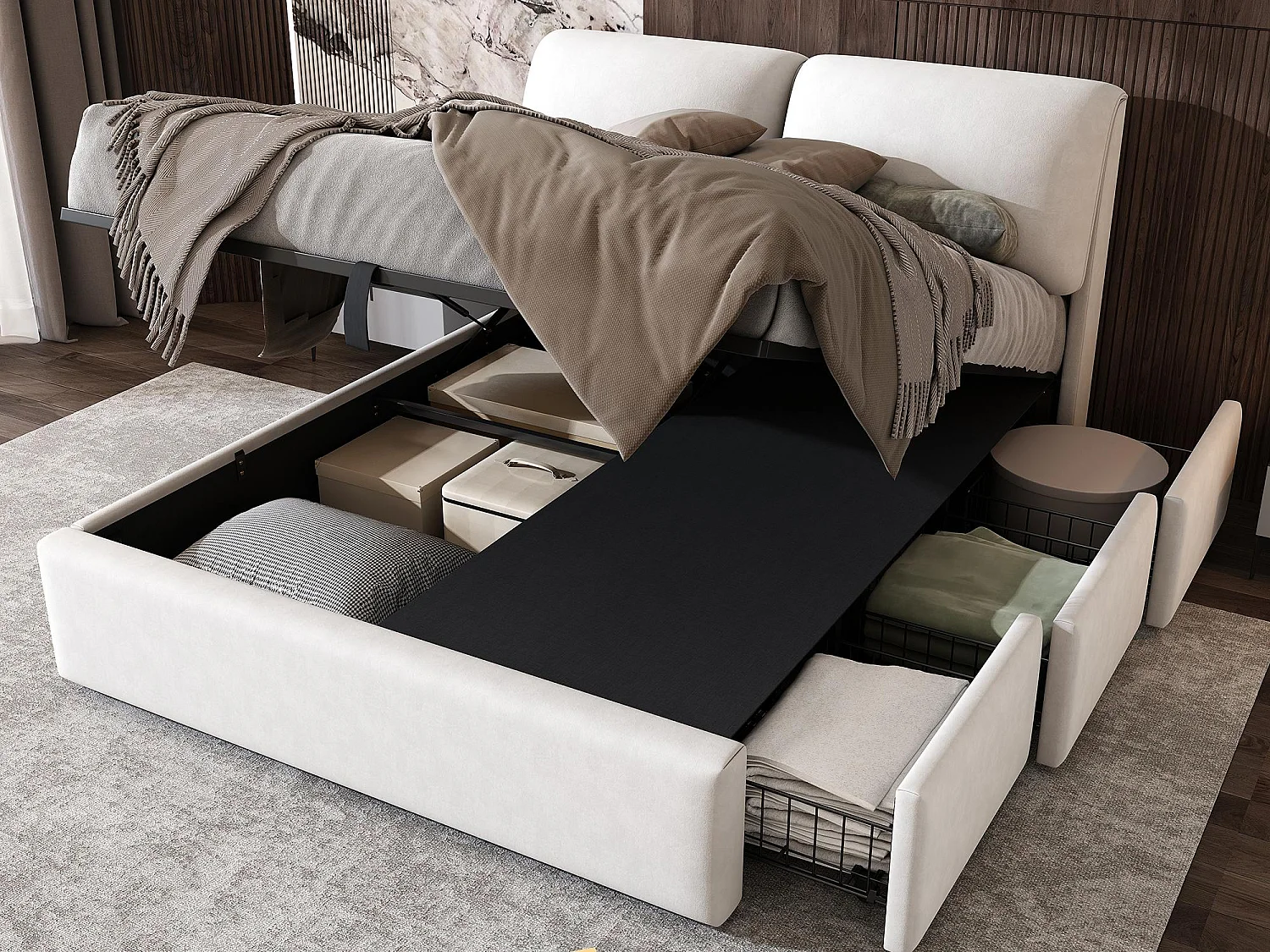 Cama acolchada 140x190 cm - con tres cajones - somier de listones - terciopelo - beige (colchón no incluido)