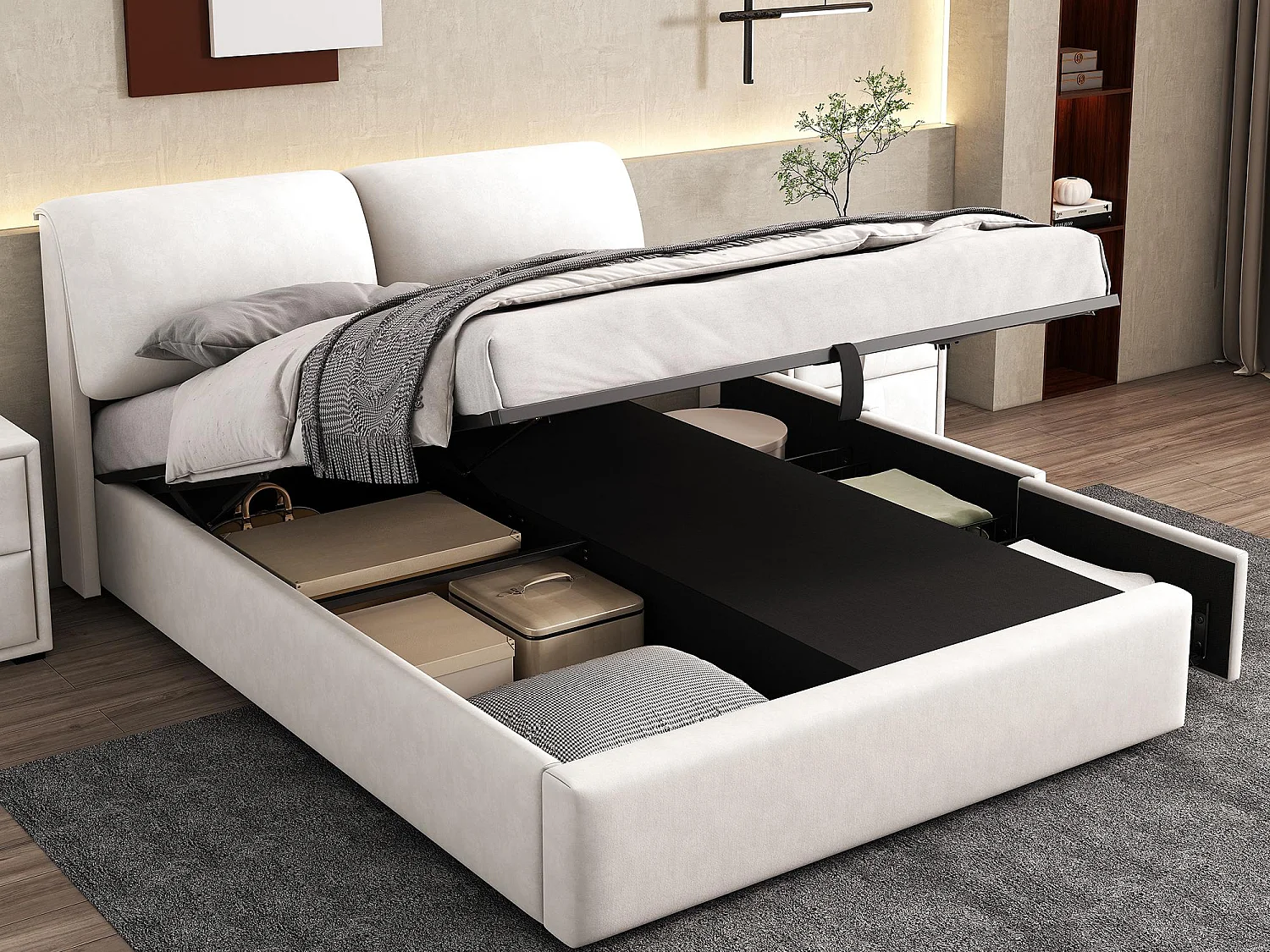 Cama acolchada 140x190 cm - con tres cajones - somier de listones - terciopelo - beige (colchón no incluido)