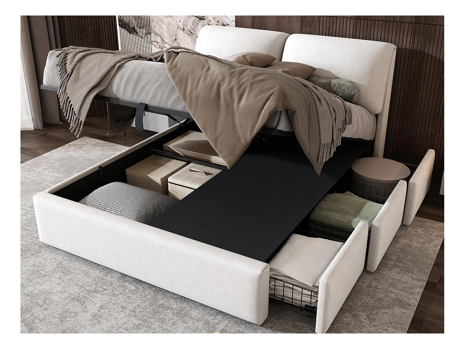 Lit coffre capitonné 140x190cm - avec trois tiroirs - sommier à lattes - velours - beige (matelas non inclus)