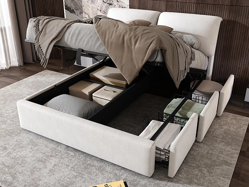 Lit coffre capitonné 140x190cm - avec trois tiroirs - sommier à lattes - velours - beige (matelas non inclus)