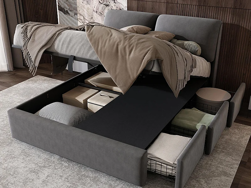 Lit coffre capitonné 140x190cm - avec trois tiroirs - sommier à lattes - velours - gris (matelas non inclus)