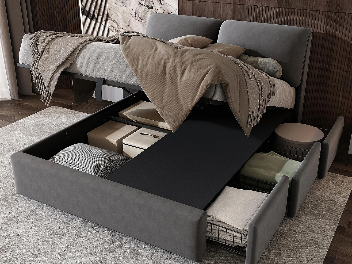 Polsterbett 140x190 cm - mit drei Schubladen - Bettgestell mit Lattenrost - Samt - grau (Matratze nicht enthalten)