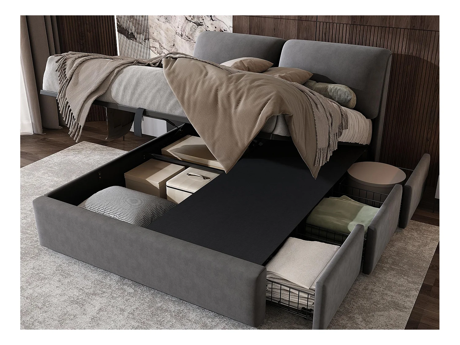 Lit coffre capitonné 140x190cm - avec trois tiroirs - sommier à lattes - velours - gris (matelas non inclus)
