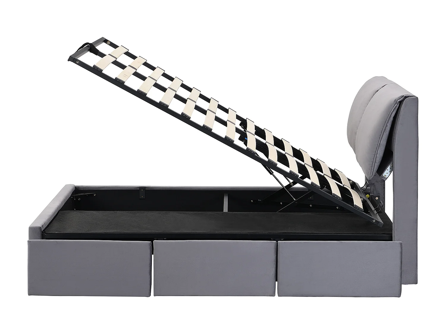 Łóżko tapicerowane 140x190cm - z trzema szufladami - stelaż na listwach - welur - szary (materac nie jest w zestawie)