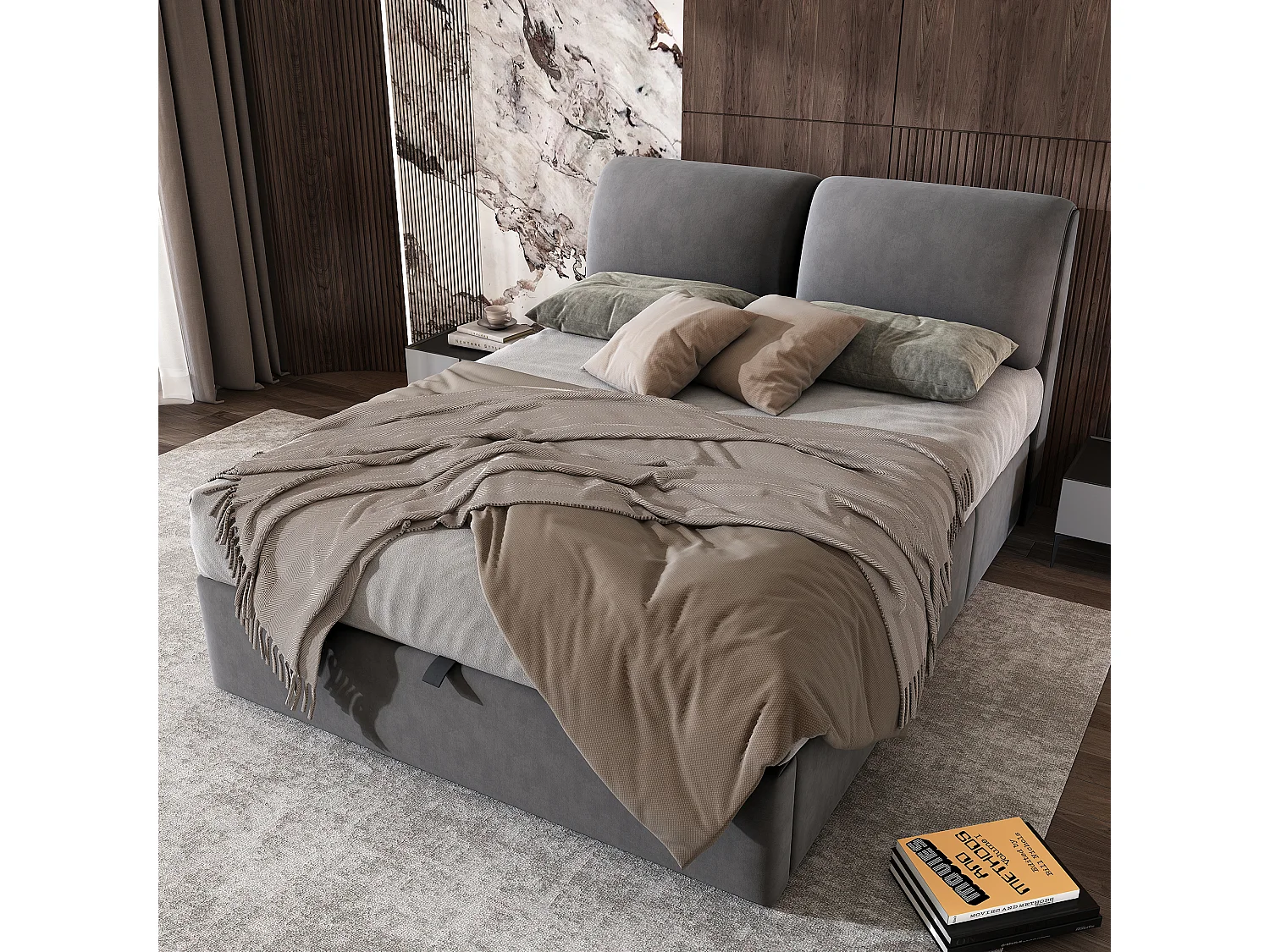 Upholstered storage bed 140x190cm - with three drawers - slatted base - velvet - grey (mattress not included)