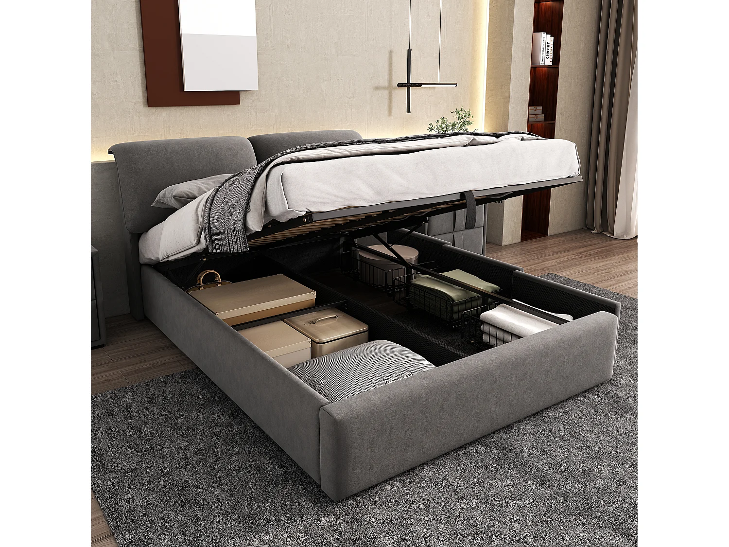 Upholstered storage bed 140x190cm - with three drawers - slatted base - velvet - grey (mattress not included)