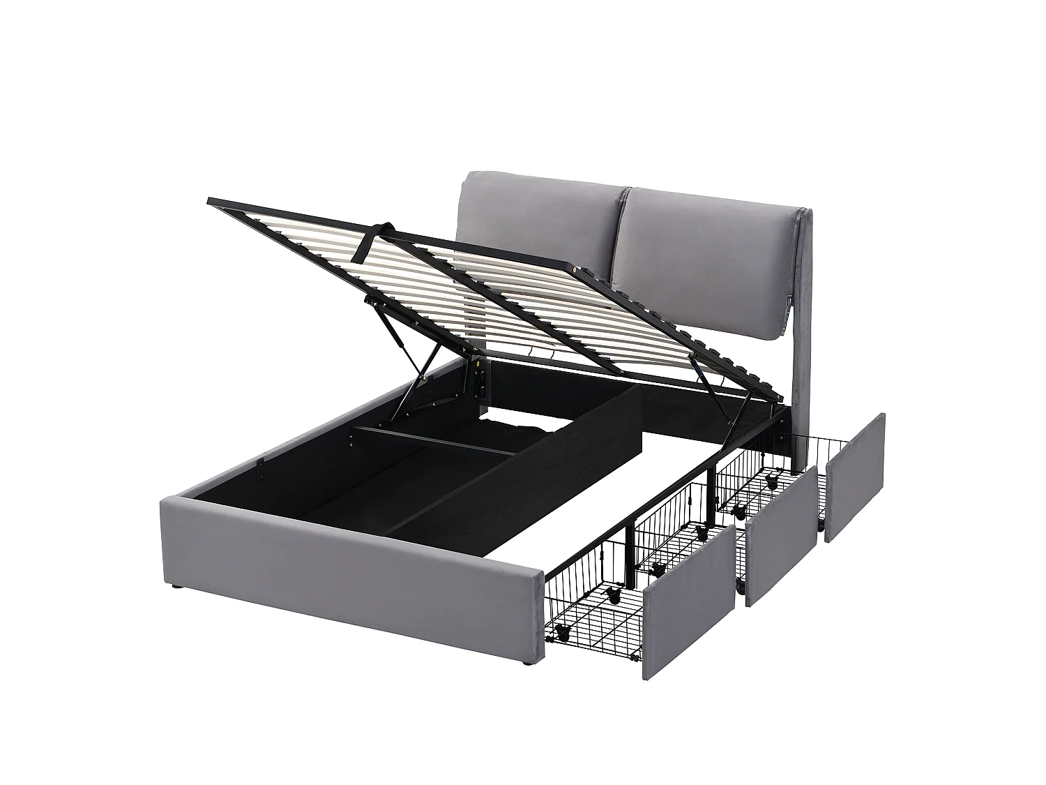 Upholstered storage bed 140x190cm - with three drawers - slatted base - velvet - grey (mattress not included)
