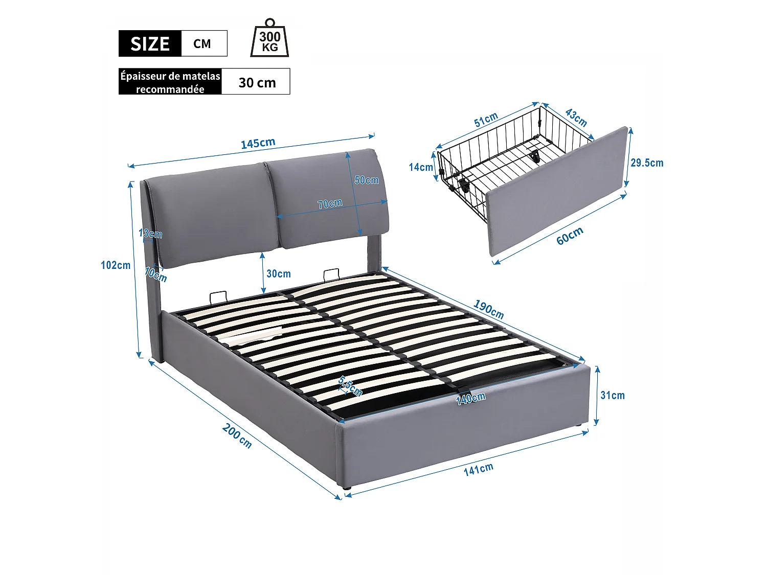 Upholstered storage bed 140x190cm - with three drawers - slatted base - velvet - grey (mattress not included)