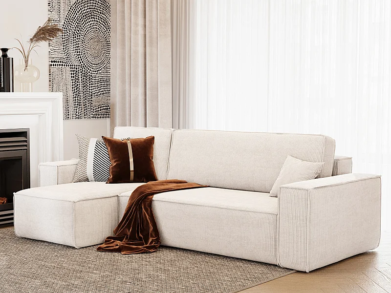 Canapé d'angle LISA convertible réversible coffre velours côtelé beige