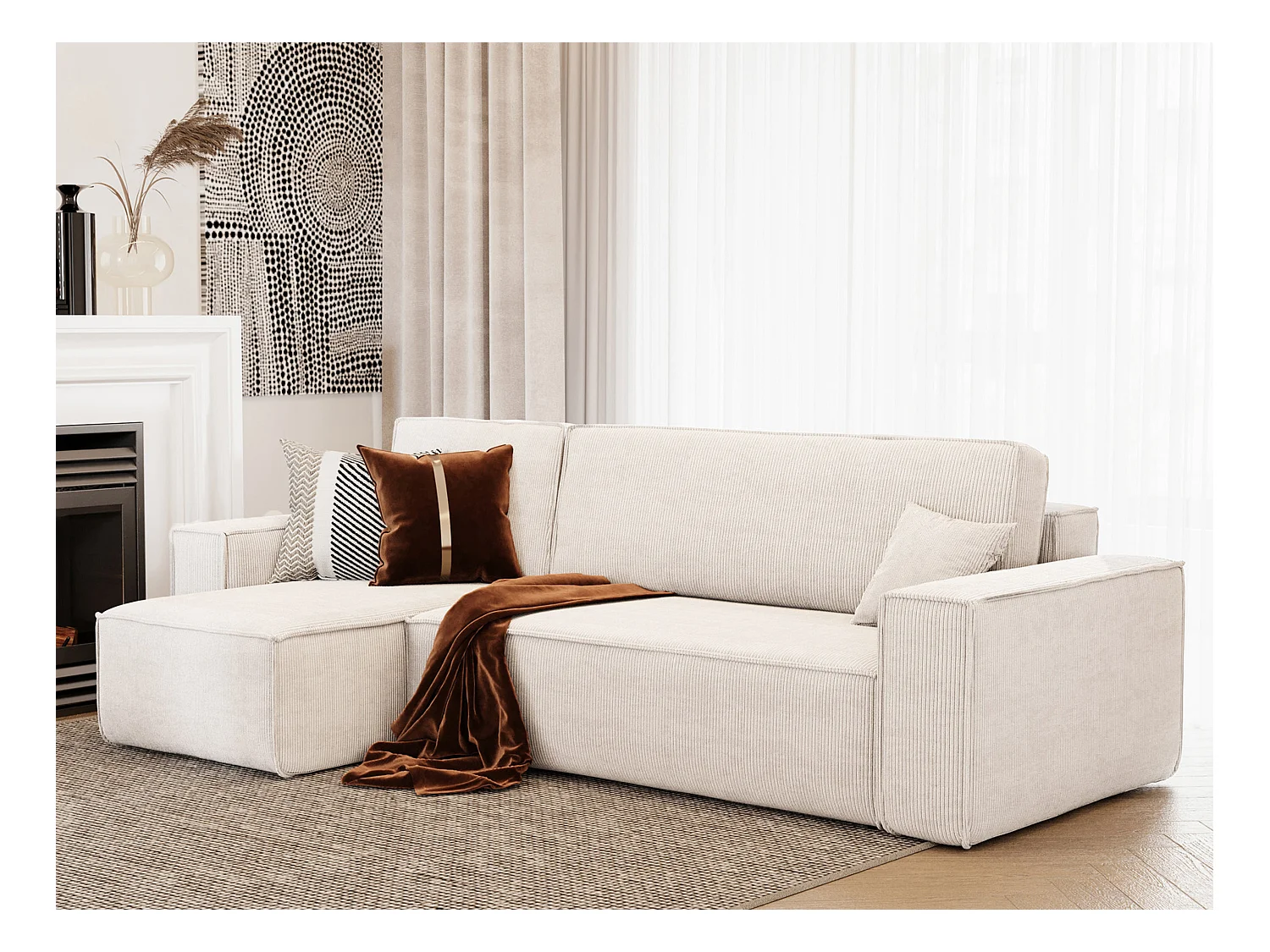 Canapé d'angle LISA convertible réversible coffre velours côtelé beige