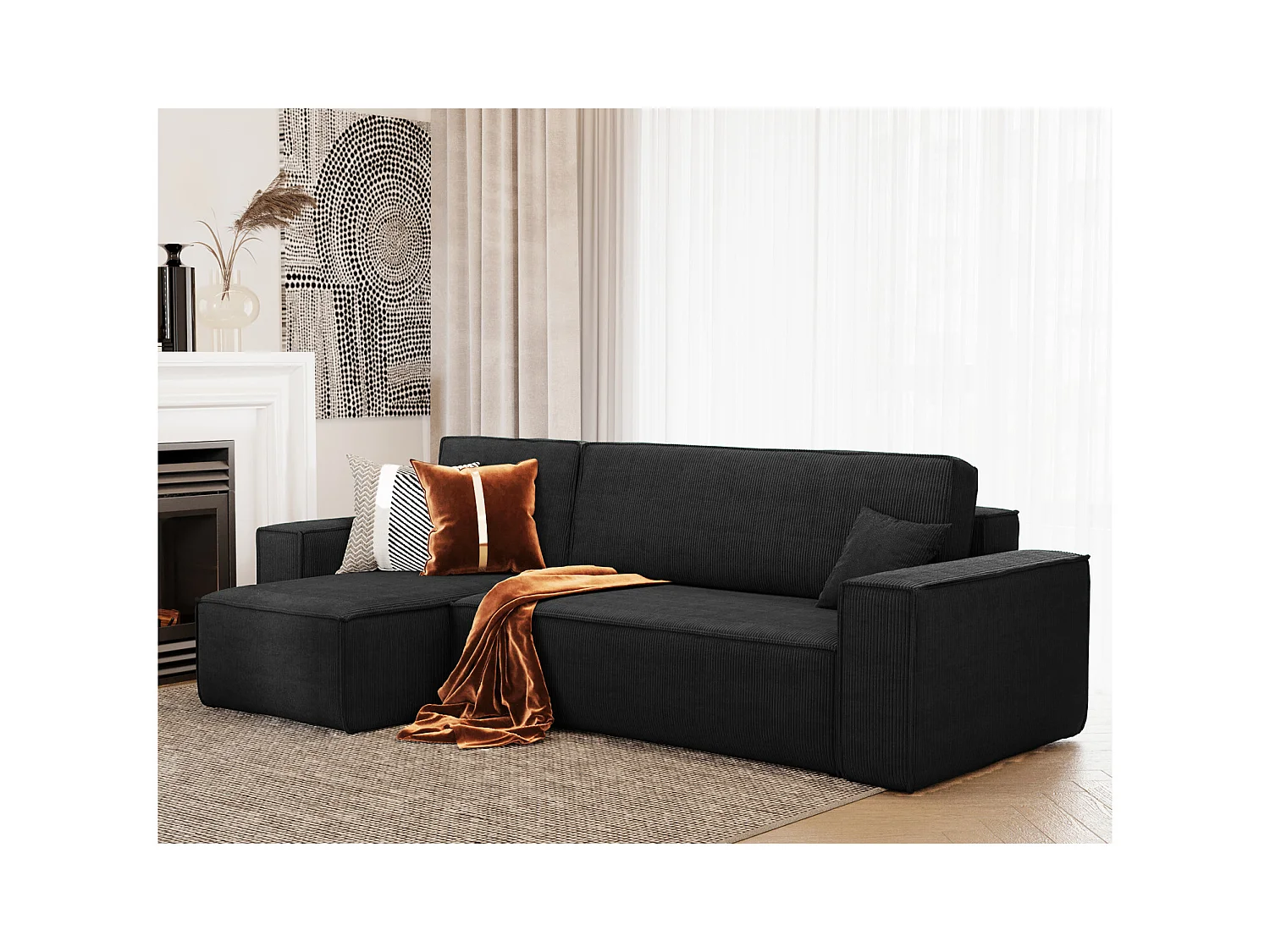 Canapé d'angle LISA convertible réversible coffre velours côtelé noir