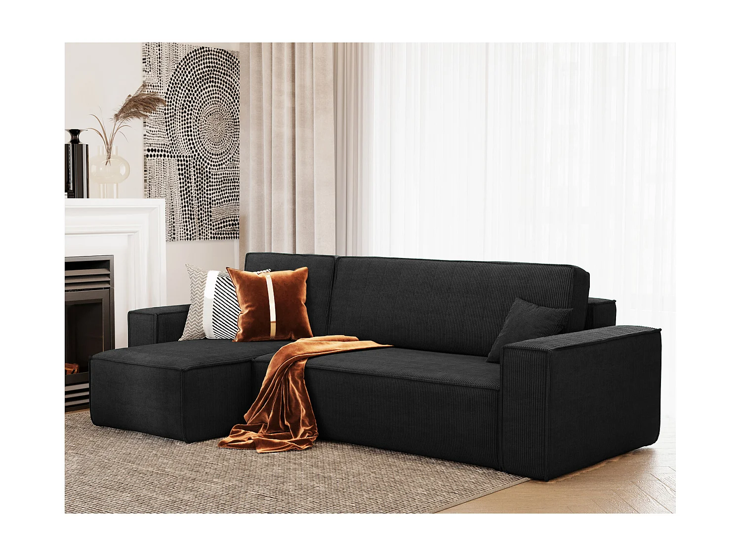 Canapé d'angle LISA convertible réversible coffre velours côtelé noir