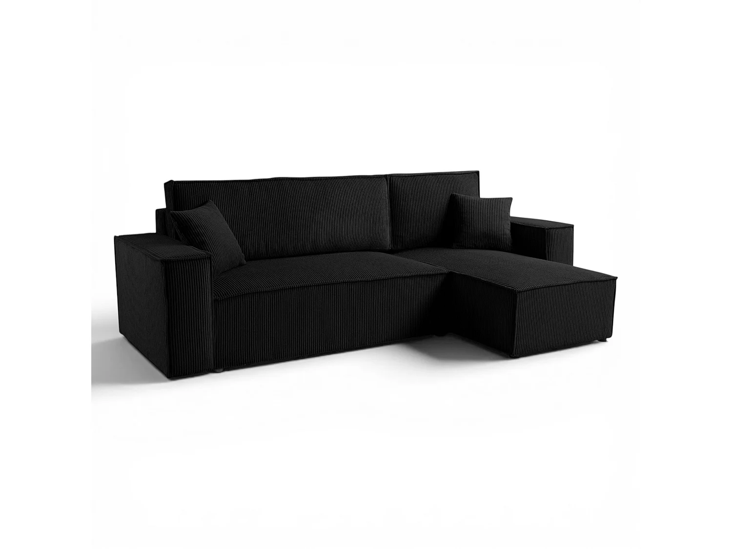 Canapé d'angle convertible réversible avec coffre en velours côtelé noir