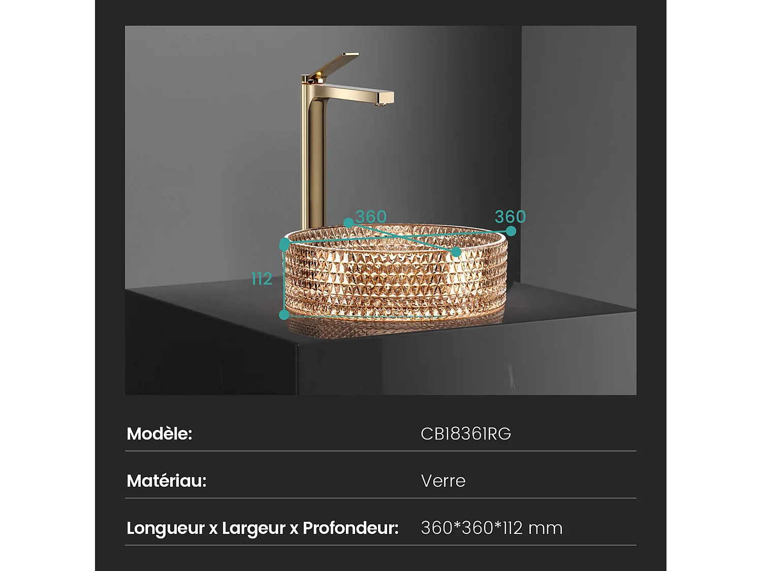 EMKE Vasque à Poser Ronde, 360 x 360 x 112 mm, Lavabo en Verre Or rose, Design Montage sur Comptoir