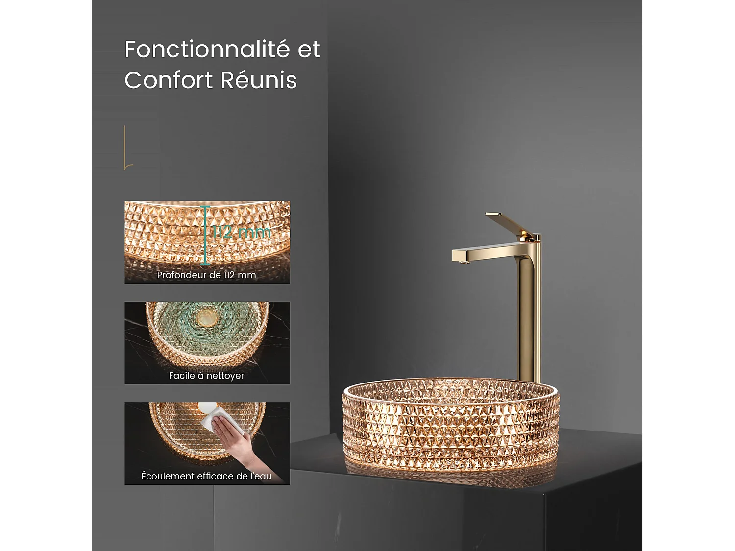 EMKE Vasque à Poser Ronde, 360 x 360 x 112 mm, Lavabo en Verre Or rose, Design Montage sur Comptoir