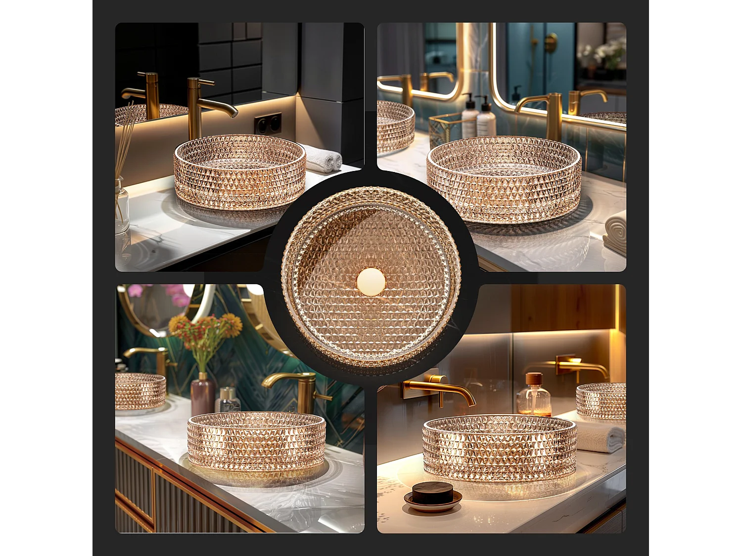 EMKE Vasque à Poser Ronde, 360 x 360 x 112 mm, Lavabo en Verre Or rose, Design Montage sur Comptoir