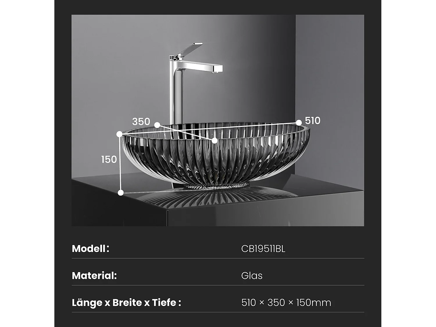 EMKE Vasque à Poser Ovale, 510 x 350 x 150 mm, Lavabo en Verre Noir, Design Montage sur Comptoir