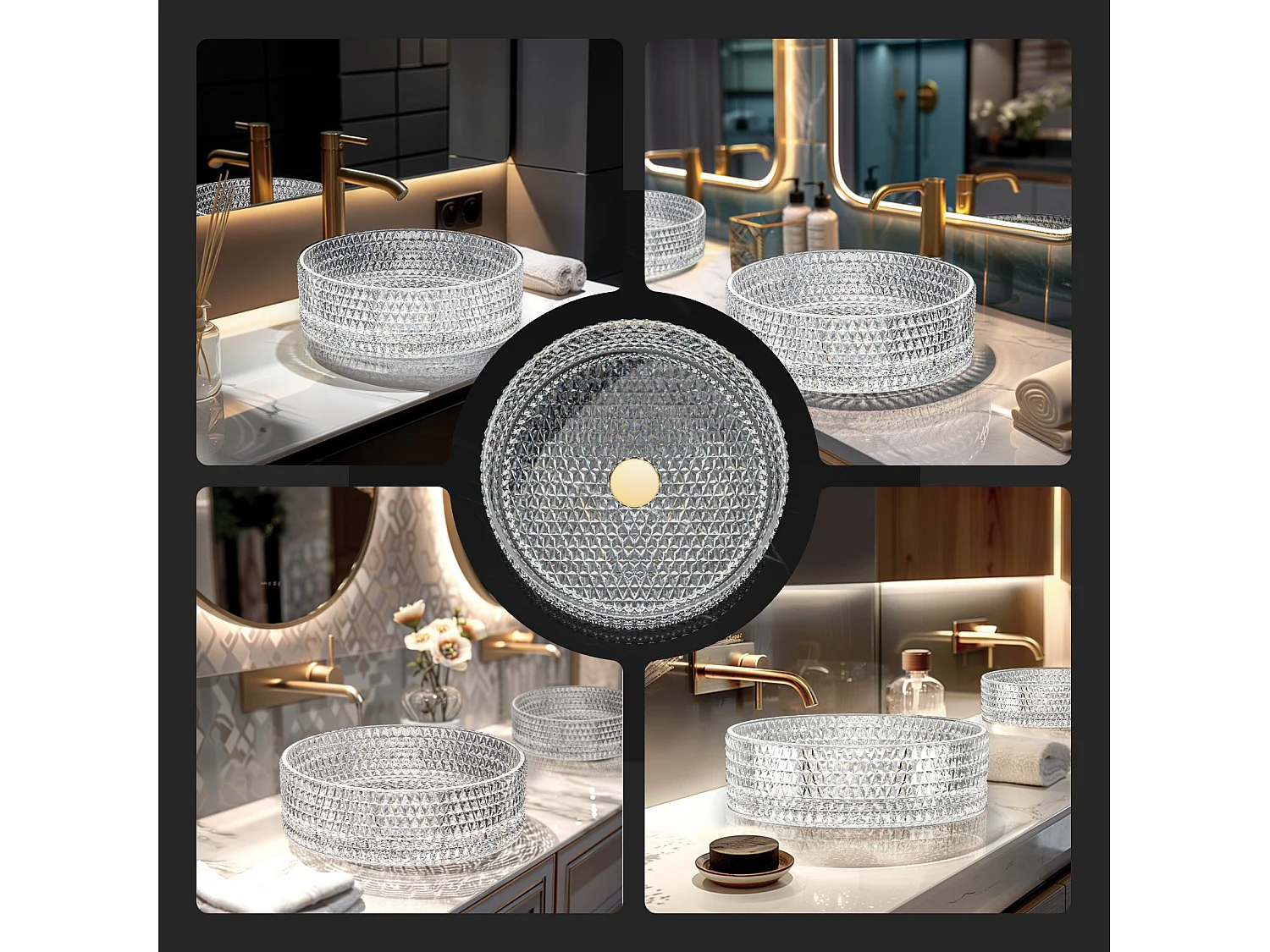 EMKE Vasque à Poser Ronde, 360 x 360 x 112 mm, Lavabo en Verre Transparent, Design Montage sur Comptoir