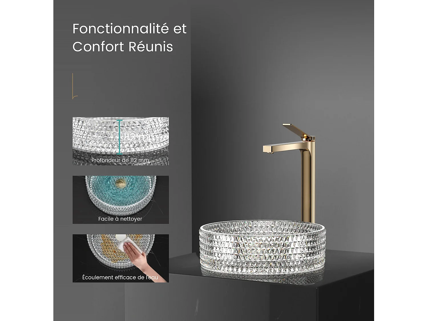 EMKE Vasque à Poser Ronde, 360 x 360 x 112 mm, Lavabo en Verre Transparent, Design Montage sur Comptoir