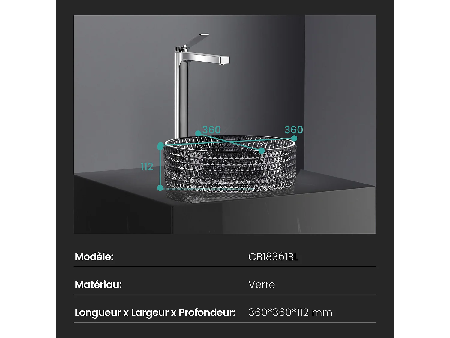 EMKE Lavabo in Vetro Nero da Appoggiare su Piano | 360 x 360 x 112 mm - Design Moderno